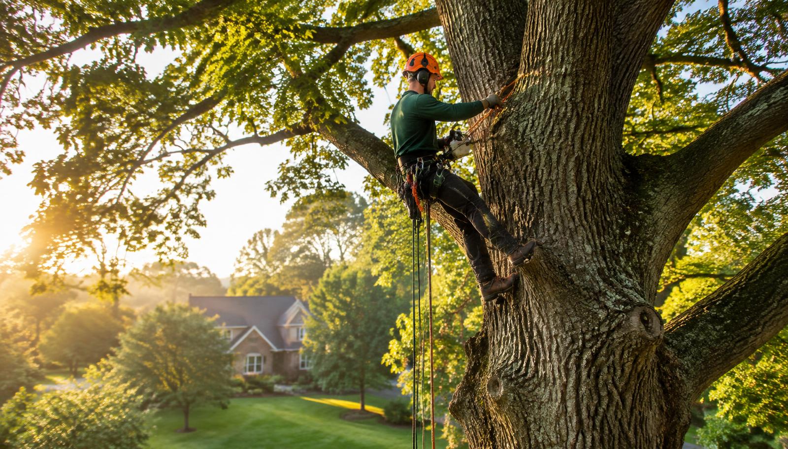 Arborist climbing and trimming a large oak tree